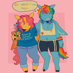 Size: 2800x2800 | Tagged: safe, artist:ariariari.png, fluttershy, rainbow dash, pegasus, anthro, unguligrade anthro, g4, autism, autistic fluttershy, bra, burger, clothes, crop top bra, denim, duo, finger hooves, food, jeans, pants, please be patient i have autism, shirt, shorts, sports shorts, tallerdash, underwear