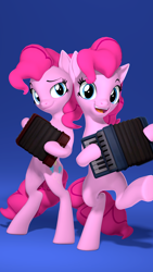 Size: 2160x3840 | Tagged: safe, artist:owlpirate, pinkie pie, earth pony, pony, g4, 3d, 4k, accordion, bipedal, dexterous hooves, duality, duo, female, gradient background, high res, hoof hold, looking at you, mare, musical instrument, open mouth, open smile, pi day, self paradox, self ponidox, smiling, smiling at you, source filmmaker, standing, standing on one leg