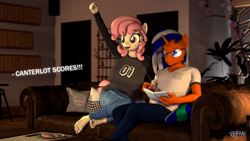 Size: 1920x1080 | Tagged: safe, artist:anthroponiessfm, oc, oc only, oc:sous zanna, oc:tabletop, anthro, 3d, anthro oc, barefoot, cheering, clothes, commission, commissioner:nerothewizard, cute, denim, feet, female, glasses, jeans, jersey, looking at someone, male, nail polish, pants, shirt, source filmmaker, straight, t-shirt, toenail polish, toes, wholesome, wiggling toes