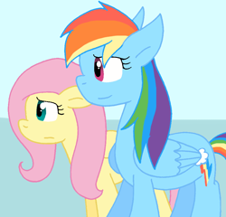 Size: 868x833 | Tagged: safe, artist:cmara, fluttershy, rainbow dash, pegasus, pony, g4, duo, duo female, female, lesbian, looking forward, ship:flutterdash, shipping, smiling, standing, unsure