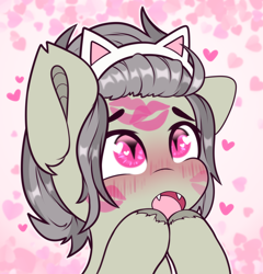 Size: 2400x2500 | Tagged: safe, artist:etoz, oc, oc only, oc:gravel shine, bat pony, :o, bat pony oc, blushing, cat ears, cute, daaaaaaaaaaaw, eyebrows, eyebrows down, fangs, gasp, headband, heart, kiss mark, lipstick, looking up, male, open mouth, shy, sketch, solo, stallion, surprised