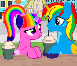 Size: 4272x3682 | Tagged: safe, artist:shieldwingarmorofgod, oc, oc:rainbow sparkle, oc:shield wing, alicorn, pony, g4, drink, duo, female, male, ponyville