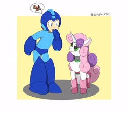 Size: 2048x1802 | Tagged: safe, artist:josuperex, sweetie belle, pony, robot, robot pony, g4, crossover, duo, female, mega man, mega man (series), rush, speech bubble, sweetie bot