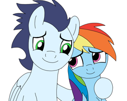 Size: 904x720 | Tagged: safe, artist:dasher666, rainbow dash, soarin', pegasus, pony, g4, duo, female, hoof around neck, looking at each other, looking at someone, male, mare, ship:soarindash, shipping, simple background, stallion, straight, white background