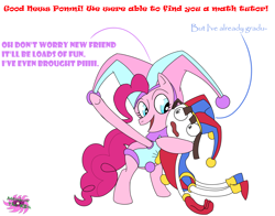 Size: 2050x1610 | Tagged: safe, artist:membranethe13th, pinkie pie, earth pony, human, pony, g4, crossover, duo, duo female, female, hat, human female, jester, jester hat, jester outfit, jester pie, mare, pi day, pomni, simple background, the amazing digital circus, white background