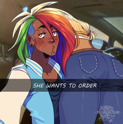 Size: 1776x1797 | Tagged: safe, artist:marshiroart, applejack, rainbow dash, human, g4, applebutt, butt, car interior, dark skin, duo, female, he wants to order, humanized, lesbian, meme, selfie, ship:appledash, shipping, tan skin