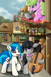 Size: 2360x3534 | Tagged: safe, artist:andaluce, daisy, dj pon-3, flower wishes, octavia melody, vinyl scratch, earth pony, pony, unicorn, g4, balcony, cello, chest fluff, ear fluff, female, flower, gritted teeth, horn, mare, musical instrument, ponyville, smiling, street, teeth, this will end in tears, water, watering can, wet, wet mane
