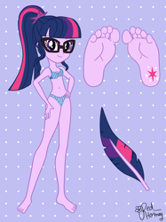 Size: 2048x2732 | Tagged: safe, artist:redhorney, sci-twi, twilight sparkle, human, equestria girls, g4, barefoot, bikini, clothes, cutie mark on human, feather, feet, female, fetish, foot fetish, foot focus, solo, swimsuit