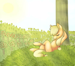 Size: 3200x2800 | Tagged: safe, artist:reamina, applejack, earth pony, pony, g4, armpits, female, hooves behind head, mare, missing accessory, missing cutie mark, sleeping, solo, tree