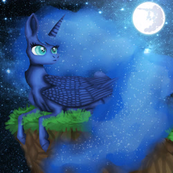 Size: 4000x4000 | Tagged: safe, artist:reamina, princess luna, alicorn, pony, g4, cliff, ethereal mane, female, mare, mare in the moon, moon, multiple wings, night, solo, starry mane, starry night, stars, wings