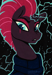 Size: 2922x4158 | Tagged: safe, artist:dandy, tempest shadow, pony, unicorn, g4, acrylic painting, broken horn, bust, clothes, eyeshadow, female, high res, horn, limited palette, looking at you, makeup, portrait, scar, solo, sparking horn, traditional art