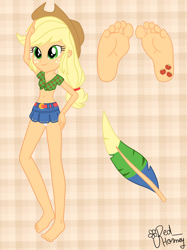 Size: 2048x2732 | Tagged: safe, artist:redhorney, applejack, human, equestria girls, g4, barefoot, belly button, cutie mark on human, feather, feet, female, fetish, foot fetish, foot focus, solo