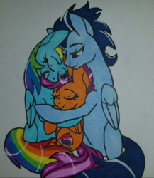 Size: 750x865 | Tagged: safe, artist:bleedingwings12, rainbow dash, scootaloo, soarin', pegasus, pony, g4, adopted offspring, family, female, filly, foal, hug, male, mare, parent:rainbow dash, parent:soarin', parents:soarindash, scootadoption, scootalove, ship:soarindash, shipping, stallion, straight, traditional art, trio