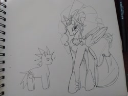 Size: 2048x1536 | Tagged: safe, artist:spreenlupin, princess cadance, shining armor, alicorn, pony, unicorn, g4, 2024, alternate hairstyle, clothes, dress, duo, duo male and female, female, floating heart, folded wings, grayscale, heart, height difference, hoof shoes, horn, horn ring, larger female, male, mare, meme, messy mane, monochrome, princess shoes, redraw, ring, ship:shiningcadance, shipping, size difference, smaller male, smiling, stallion, straight, tail, the bride and the ugly ass groom, toy interpretation, traditional art, veil, wedding dress, wedding veil, wings