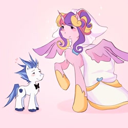 Size: 1280x1280 | Tagged: safe, artist:laaawin, princess cadance, shining armor, alicorn, pony, unicorn, g4, 2024, alternate hairstyle, blushing, bowtie, clothes, dot eyes, dress, duo, duo male and female, female, floating heart, heart, height difference, hoof shoes, horn, larger female, male, mare, meme, messy mane, princess shoes, raised hoof, redraw, ship:shiningcadance, shipping, size difference, smaller male, smiling, sparkles, spread wings, stallion, straight, tail, the bride and the ugly ass groom, toy interpretation, unshorn fetlocks, veil, wedding dress, wedding veil, wings