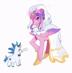 Size: 2014x2048 | Tagged: safe, artist:yemcbear, princess cadance, shining armor, alicorn, pony, unicorn, g4, 2024, alternate hairstyle, blush scribble, blushing, bowtie, clothes, dialogue, dress, duo, duo male and female, female, folded wings, heart, heart eyes, height difference, hoof shoes, horn, horn ring, larger female, lidded eyes, male, mare, meme, messy mane, messy tail, princess shoes, raised hoof, redraw, ring, ship:shiningcadance, shipping, simple background, size difference, smaller male, smiling, sparkles, speech bubble, stallion, straight, tail, the bride and the ugly ass groom, toy interpretation, unshorn fetlocks, veil, wedding dress, wedding veil, white background, wingding eyes, wings