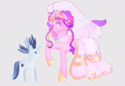 Size: 2048x1414 | Tagged: safe, artist:abby_magica, princess cadance, shining armor, alicorn, pony, unicorn, g4, 2024, alternate hairstyle, blushing, clothes, crown, dress, duo, duo male and female, female, gray background, height difference, hoof shoes, horn, horn ring, jewelry, larger female, male, mare, meme, messy mane, princess shoes, raised hoof, redraw, regalia, ring, ship:shiningcadance, shipping, simple background, size difference, smaller male, smiling, spread wings, stallion, straight, tail, the bride and the ugly ass groom, toy interpretation, unshorn fetlocks, veil, wedding dress, wedding veil, wings