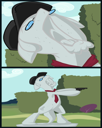 Size: 2000x2500 | Tagged: safe, artist:cornofthebreads, earth pony, pony, comic, facial hair, glasses, gun, hat, high res, male, necktie, nostalgia critic, petrification, ponified, solo, stallion, tgwtg, weapon