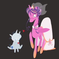 Size: 2039x2048 | Tagged: safe, artist:baby_parmezan, princess cadance, shining armor, alicorn, pony, unicorn, g4, 2024, alternate hairstyle, bald, brown background, choker, clothes, crown, dress, duo, duo male and female, female, floating heart, folded wings, heart, height difference, hoof shoes, horn, jewelry, larger female, male, mare, meme, messy tail, princess shoes, raised hoof, redraw, regalia, ship:shiningcadance, shipping, simple background, sitting, size difference, smaller male, stallion, straight, tail, the bride and the ugly ass groom, tongue out, toy interpretation, veil, wedding dress, wedding veil, wings