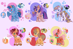 Size: 4133x2755 | Tagged: safe, artist:terralilith, applejack, big macintosh, caramel, cheese sandwich, flash sentry, fluttershy, pinkie pie, prince blueblood, rainbow dash, rarity, soarin', twilight sparkle, oc, oc:apple flower, oc:christopher apple, oc:moonlight sparkle, oc:orange cheesecake, oc:rainbow bubblegum, oc:shiny glitter, alicorn, earth pony, pegasus, pony, unicorn, g4, alicorn oc, ascot, base used, bracelet, chest fluff, coat markings, colored wings, colored wingtips, cousins, cowboy hat, crown, ear piercing, earring, earth pony oc, female, hat, hoof fluff, horn, horn ring, jewelry, looking at each other, looking at someone, male, mare, necklace, offspring, parent:applejack, parent:big macintosh, parent:caramel, parent:cheese sandwich, parent:flash sentry, parent:fluttershy, parent:pinkie pie, parent:prince blueblood, parent:rainbow dash, parent:rarity, parent:soarin', parent:twilight sparkle, parents:carajack, parents:cheesepie, parents:flashlight, parents:fluttermac, parents:rariblood, parents:soarindash, pegasus oc, peytral, piercing, purple background, regalia, ring, screencap reference, ship:carajack, ship:cheesepie, ship:flashlight, ship:fluttermac, ship:rariblood, ship:soarindash, shipping, simple background, smiling, smiling at each other, spread wings, stallion, straight, straw in mouth, twilight sparkle (alicorn), unicorn oc, unshorn fetlocks, wings