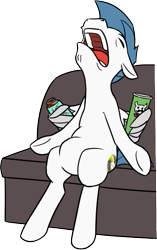 Size: 371x592 | Tagged: safe, artist:whitequartztheartist, oc, oc only, oc:white quartz, pegasus, pony, belly, chips, food, potato chips, pringles, round belly, simple background, sleeping, snoring, solo, tea, transparent background, wing hands, wing hold, wings