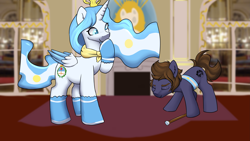 Size: 4141x2330 | Tagged: safe, artist:dumbwoofer, oc, oc:milei, oc:princess argenta, alicorn, earth pony, pony, argentina, bowing, building, clothes, duo, ear fluff, eyes closed, female, flag, hoof over mouth, javier milei, male, mare, nation ponies, ponified, raised hoof, scarf, smiling, socks, staff, stallion