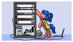 Size: 1083x633 | Tagged: safe, artist:chen_ying, oc, oc only, oc:filly anon, oc:heavy halbard, pony, bipedal, computer, female, filly, guardsmare, laptop computer, mare, plushie, royal guard, screwdriver, server, solo