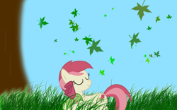 Size: 1920x1200 | Tagged: safe, artist:the-jefe, roseluck, earth pony, pony, g4, eyes closed, female, grass, leaves, mare, solo, wallpaper