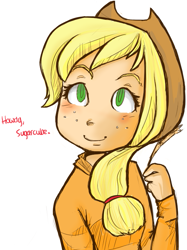 Size: 595x795 | Tagged: safe, artist:mewmewkittenfire, applejack, human, g4, freckles, hat, howdy, humanized, simple background, solo, white background