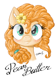 Size: 2481x3508 | Tagged: safe, artist:memprices, pear butter, earth pony, pony, g4, bangs, blushing, bust, colored, curly mane, female, flower, flower in hair, front view, high res, looking at you, mare, pencil drawing, ponytail, portrait, simple background, smiling, smiling at you, solo, traditional art, white background