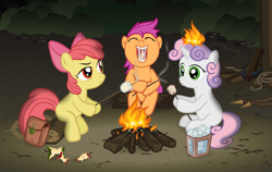 Size: 952x600 | Tagged: safe, artist:alevgor, apple bloom, scootaloo, sweetie belle, earth pony, pegasus, pony, unicorn, g4, apple core, bag, campfire, crossbow, cutie mark crusaders, eating, fire, food, herbivore, horn, mane on fire, marshmallow, on fire, saddle bag, this will end in tears and/or death and/or covered in tree sap, weapon