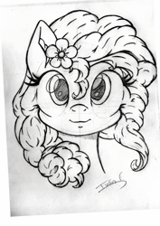Size: 906x1280 | Tagged: safe, artist:memprices, pear butter, earth pony, pony, g4, animated, bangs, blushing, bust, colored, curly mane, female, flower, flower in hair, front view, looking at you, mare, pencil drawing, ponytail, portrait, simple background, smiling, smiling at you, solo, song in the description, sound, speedpaint, time-lapse, traditional art, webm, white background, you're in my head like a catchy song