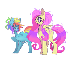 Size: 1157x976 | Tagged: safe, artist:cutesykill, fluttershy, rainbow dash, pegasus, pony, g4, alternate color palette, alternate hairstyle, beanbrows, big ears, blue coat, colored eyebrows, colored muzzle, colored pinnae, duo, duo female, emanata, eyebrows, female, frown, goggles, goggles on head, hair bun, height difference, long legs, long mane, long tail, looking at someone, mare, multicolored hair, multicolored mane, multicolored tail, narrowed eyes, nervous, partially open wings, pink eyes, pink mane, pink tail, profile, rainbow hair, rainbow tail, scared, simple background, small wings, smoldash, tail, tallershy, teardrop, teary eyes, thick eyelashes, wavy mane, wavy tail, white background, wide eyes, wingding eyes, wings, yellow coat