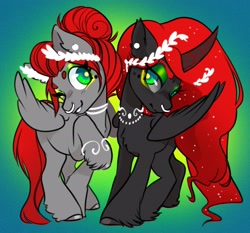 Size: 2897x2700 | Tagged: safe, artist:opalacorn, oc, oc only, oc:void, alicorn, pegasus, pony, duo, duo female, ear piercing, earring, female, gradient background, grin, horn, horn ring, jewelry, laurel wreath, lidded eyes, mare, mole, nose piercing, nose ring, piercing, ring, self paradox, self ponidox, smiling, unshorn fetlocks