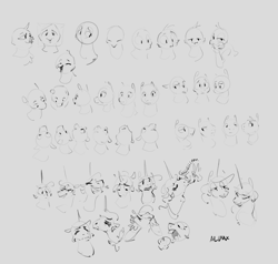 Size: 3663x3481 | Tagged: safe, artist:alumx, princess celestia, oc, alicorn, earth pony, griffon, bust, cup, drink, drinking, female, gray background, grayscale, griffon oc, mare, monochrome, simple background, sketch, sketch dump, teacup