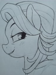Size: 3072x4096 | Tagged: safe, artist:public mistake, spoiled rich, earth pony, pony, g4, bust, female, grayscale, grin, lidded eyes, looking back, mare, monochrome, smiling, traditional art