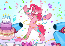 Size: 1024x728 | Tagged: safe, artist:t0byinthesky, pinkie pie, earth pony, pony, g4, bags under eyes, bipedal, bloodshot eyes, cake, candle, confetti, female, food, infection au, loop-de-hoop, party cannon, solo