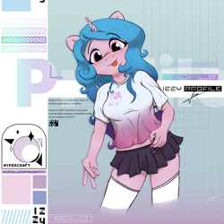 Size: 4000x4000 | Tagged: safe, artist:potato22, izzy moonbow, unicorn, anthro, g5, :p, blushing, clothes, cute, female, horn, izzybetes, midriff, miniskirt, multiple variants, skirt, solo, stockings, thigh highs, tongue out, zettai ryouiki