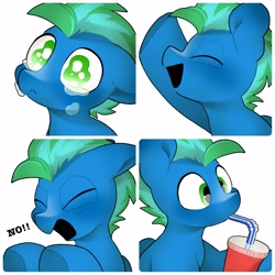 Size: 4096x4096 | Tagged: safe, artist:mochi_nation, oc, oc only, pegasus, pony, commission, crying, drink, drinking, drinking straw, eye shimmer, eyes closed, frown, hoof hold, male, open mouth, open smile, simple background, smiling, solo, stallion, underhoof, white background