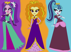 Size: 788x581 | Tagged: safe, artist:megatoon1234, adagio dazzle, aria blaze, sonata dusk, human, equestria girls, g4, base used, clothes, dress, long dress, long skirt, skirt, the dazzlings