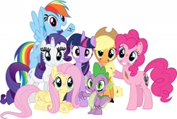 Size: 1280x864 | Tagged: safe, edit, edited screencap, screencap, applejack, fluttershy, pinkie pie, rainbow dash, rarity, spike, twilight sparkle, alicorn, dragon, earth pony, pegasus, pony, unicorn, g4, twilight's kingdom, female, horn, male, mane six, simple background, white background