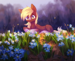 Size: 2434x2000 | Tagged: safe, artist:jsunlight, artist:koviry, earth pony, pony, blaze (coat marking), coat markings, collaboration, facial markings, female, flower, forest background, grass, mare, nature, ponified, sergeant reckless, solo