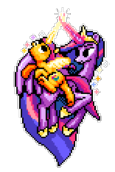 Size: 780x1170 | Tagged: safe, artist:danatron1, sunny starscout, twilight sparkle, alicorn, pony, g5, crown, hoof shoes, jewelry, magic, older, older twilight, older twilight sparkle (alicorn), pixel art, princess shoes, princess twilight 2.0, regalia, simple background, sunny and her heroine, transparent background, twilight sparkle (alicorn)