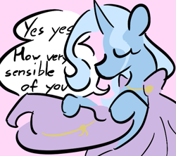 Size: 557x495 | Tagged: safe, artist:captainzigo, trixie, pony, unicorn, g4, dialogue, eyes closed, female, horn, mare, pink background, simple background, solo, speech bubble