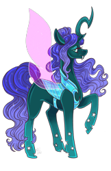 Size: 3300x5100 | Tagged: safe, artist:ashley-the-muffin, princess luna, queen chrysalis, changedling, changeling, hybrid, g4, absurd resolution, blue mane, blue tail, changedlingified, changelingified, concave belly, curved horn, digital art, ethereal mane, ethereal tail, eyelashes, eyeshadow, fangs, female, flowing mane, flowing tail, fusion, horn, lidded eyes, looking at you, makeup, mare, raised hoof, signature, simple background, solo, species swap, spread wings, starry mane, starry tail, stars, tail, teeth, transparent background, transparent flesh, wings