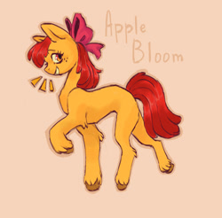 Size: 1480x1454 | Tagged: safe, artist:bflame666, artist:blizzardflame, apple bloom, earth pony, pony, g4, aside glance, concave belly, female, filly, foal, grin, leg fluff, looking at you, orange background, raised hoof, simple background, smiling, solo, text, traditional art, unshorn fetlocks