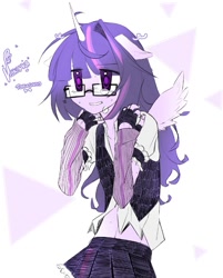 Size: 867x1080 | Tagged: source needed, safe, artist:torugann, twilight sparkle, alicorn, human, g4, armlet, belly, bracer, clothes, cyrillic, dishevelled, evening gloves, eye clipping through hair, fingerless elbow gloves, fingerless gloves, floppy ears, glasses, gloves, humanized, jewelry, long gloves, long hair, loose hair, messy hair, oversleeve, shaggy hair, shirt, simple background, solo, spread wings, text, triangle, twilight sparkle (alicorn), vest, waistcoat, wings, искорка