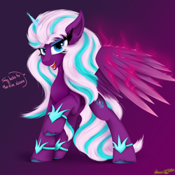 Size: 4000x4000 | Tagged: safe, artist:ser-p, opaline arcana, alicorn, pony, g5, absurd resolution, alternate hairstyle, cheek fluff, chest fluff, colored hooves, dialogue, eyelashes, female, glowing, glowing horn, glowing wings, gradient background, horn, looking at you, magic, mare, open mouth, partially open wings, raised hoof, solo, speech bubble, standing, three quarter view, unshorn fetlocks, wings