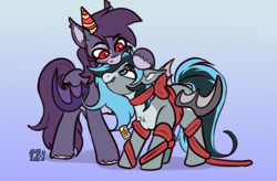 Size: 3500x2300 | Tagged: safe, oc, oc:luny, oc:pestyskillengton, bat pony, pony, bow, cute, female, gradient background, happy birthday, hat, party hat, present