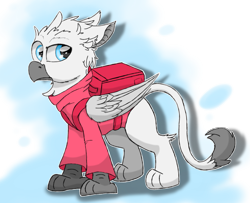 Size: 6901x5597 | Tagged: safe, artist:pzkratzer, oc, oc:griffin zephyr, griffon, clothes, delivery, delivery pony, griffon oc, simple background, solo